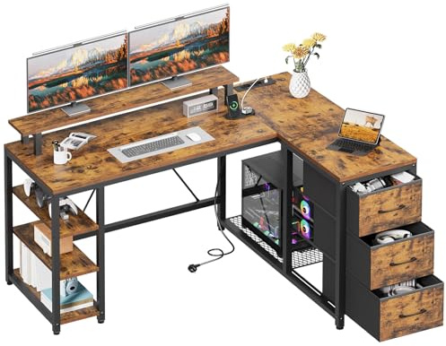 RALGEND Bureau d'angle en Forme L avec 3 Tiroirs en Tissu, 120 cm Bureau Gaming avec Prises de Courant et Ports de Charge USB, 1 Support pour PC, 3 Étagères, pour Home Office, Marron Rustique et Noir