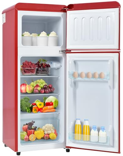 Merax Retro Kühlschrank 92L Kühl-Gefrierkombination, Zweitürig Mini Kühlschrank mit Gefrierfach 28L,Kühlschrank Freistehend, 7 Temperaturstufen,41x105,5 cm - Rot
