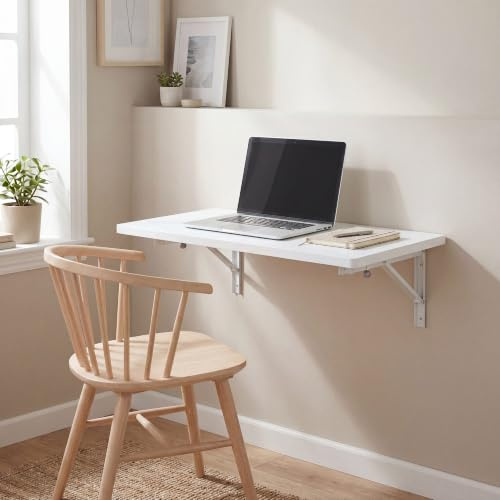 INDE MOBLEKIT | Mesa de Pared Plegable 80x40 cm Blanca, Escritorio Abatible de Madera para Cocina, Estudio o Home Office, Mesa Auxiliar Ahorra Espacio con Soportes Metálicos, Instalación Mural