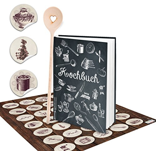 Logbuch-Verlag SET Eigenes kleines Rezeptbuch vintage Kochbuch zum Selberschreiben MIT Kochlöffel MIT Küchen Aufkleber Utensilien DIN A5