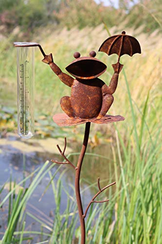 Regenmesser Litermesser Frosch aus Metall | Niederschlagsmesser für Haus & Garten | inklusive Glas mit Skala |Gartenstecker mit Einer Höhe von 100cm