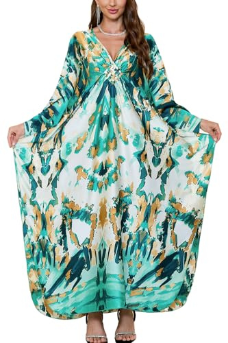 YouKD Abito estivo da donna con motivo floreale, ampio, stile bohémien, copricostume da spiaggia, taglie forti, Verde, Etichettalia unica