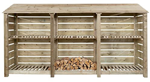 Arbor Garden Solutions wooden log store, slatted firewood storage (W-335cm, H-180cm, D-88cm), natural finish (With kindling shelf)