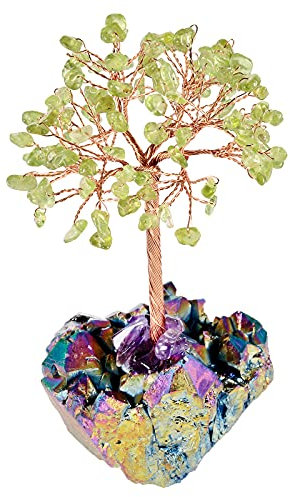mookaitedecor Green Peridot Crystal Money Tree with Titanium Rainbow Aura Quartz Crystal Cluster Base Colourful Room Decor, Bonsai Crystal Tree of Life Ornament Reiki Spiritual Good Luck Crystal Gift