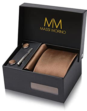 Massi Morino Krawatte Braun mit Einstecktuch Set Herren inkl. Manschettenknöpfe, Krawattennadel und Geschenkbox - Männer Krawattenset