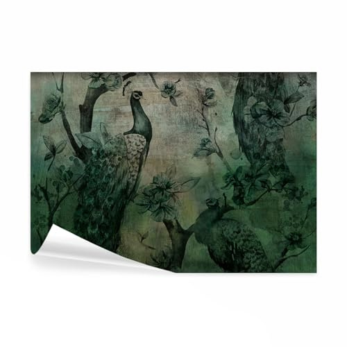 decomonkey Fototapete selbstklebend Pfau, 441x315 cm, Vintage Retro Kunst | Blumen, Tiere, Vogel, beige, grün, Selbstklebende, Tapeten, Wand, Fototapeten, Tapete, Wandtapete, klebend, Klebefolie, Deko