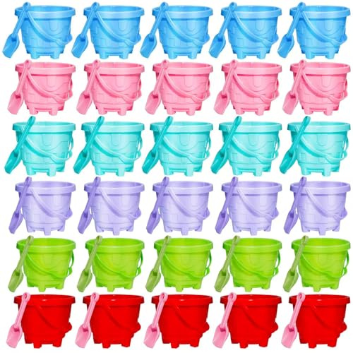 Holady 60 PCS 5.78 Inch Sand Castle Beach Bucket and Beach Shovels Toy Set,Sandcastle Mould,Sand Buckets Pails Beach Water Pool Gardening Bath Toy-30 Bucket+30 Shovels