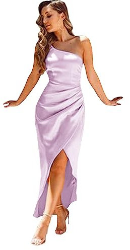 Vestidos de dama de honor de un hombro para jóvenes, vestidos plisados de satén para invitados de boda, vestidos de regreso a casa, Lila, 36