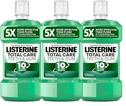 Listerine Total Care Teeth & Gum Intense Taste Classic Antibacterial Mouthwash (Pack of 3 x 500ml), Fresh Mint Blast Flavour with 6-in-1 Benefits