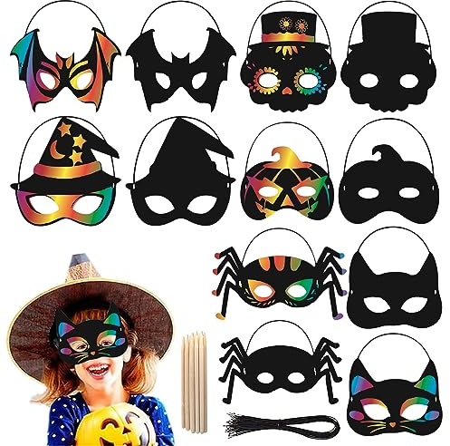 SPERMUOY Halloween Kratzbilder 12 Stück - Kratzen Regenbogen Bastelset mit Elastischen Kordeln und Holz Stylus für Kinder Ostern und Halloween Party Zubehör