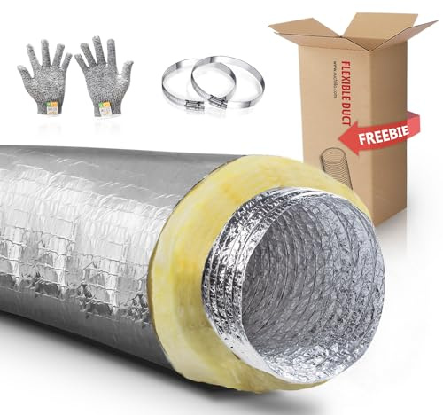 Condotto R4.2 Condotto dell'Aria Flessibile Isolato, Tubo Flessibile in Fibra di Vetro, 150 mm Diametro Interno 7.62 M di Lunghezza con 2 Fascette Stringitubo