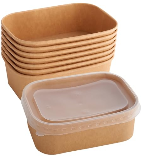 Rektangulära salladsskålar: Förpackning med 20 – medium 750 ml – brun/kraftpapper rektangulära Deli salladsskålar – med mikrovågsugnssäkra lock – perfekt för varm mat och för sallader – finns i olika