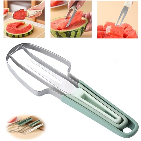 Wassermelonen Schneider, 3-in-1 Wassermelonen-gabelschneider Aus Edelstahl, Melonen Schneider, Obstschneider, Obstgabelschneider Für Zuhause, Party, Camping, Küchengerät (Grün)