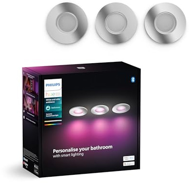 Philips Hue White & Color Ambiance Xamento recessed spotlights 3 Pack, dimmable Bathroom Lights for Hue Lighting System with 16 Million Colours, Intelligent Light Control via Voice and app, aluminium