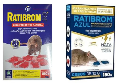 Peyca Pack Ratibrom: Ratibrom 2 Cebo Fresco Azul 150g + Ratibrom 2 Cebo Fresco Rojo. Raticida para Ratas y Ratones. Resistentes a la Humedad.