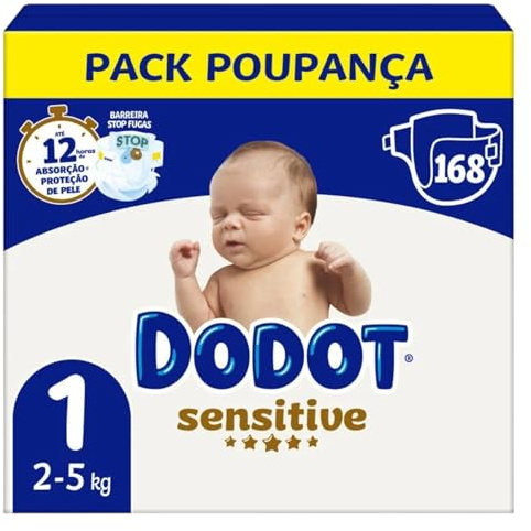 Dodot Pañales Sensitive Talla 1 (2-5 kg), 168 Unidades – Pack Mensual, Protección Suave para Recién Nacido, Absorción Instantánea, Indicador de Humedad, Sin Perfume