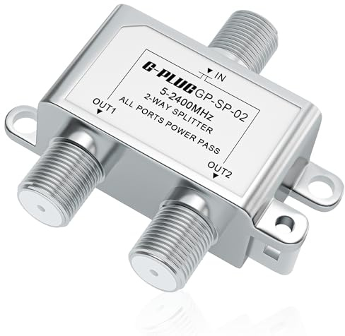 G-PLUG 2-Way Coaxial Cable Splitter, 5–2400 MHz, RG6 Compatible, Supports TV, Satellite, Cable, Modem, Internet & MoCA, Low Signal Loss, All Ports Power Pass, Durable Metal Housing