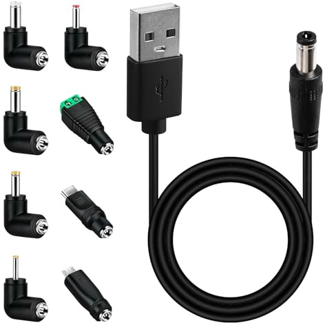 Câble d'alimentation Universel 5V USB vers DC, 5.5mm * 2.1mm avec 8 Jack Connecteurs (5.5 x 2.5, 4.8 x 1.7, 4.0 x 1.7, 3.5 x 1.35, 2.5 x 0.7 Micro USB, Type-C, Connecteur LED) pour Micro Tablette