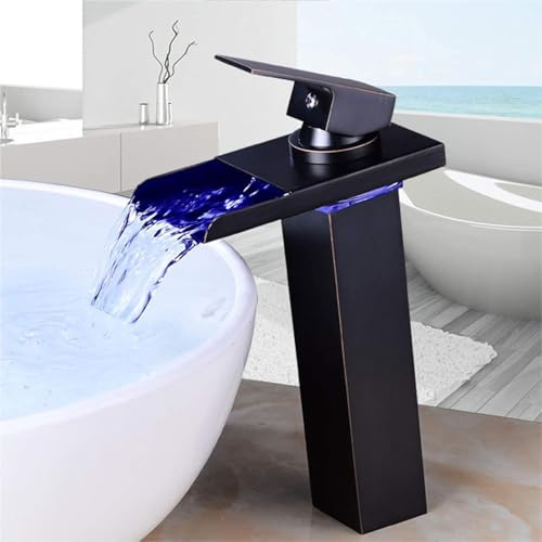Led Wasserhahn, Wasserhahn Bad Led Bad Armatur Waschbecken Wasserfall Einhebelmischer Waschtisch Waschtischarmatur Mit Temperatursensor Wasserkraft (Schwarz Hoch)