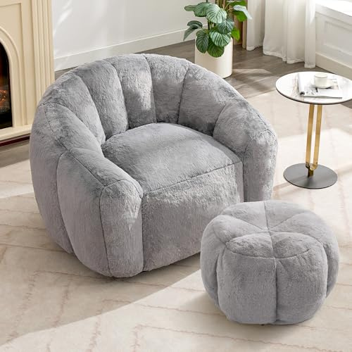 Pmango Sitzsack Loungesessel, 110×95×84 cm, mit Beistellhocker gerundet 50 cm Durchmesser und 35 cm Höhe, Gemütlicher Beanbag-Sessel für Erwachsene als Indoor-Liegesofa, Grau