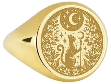 LKBEADS Måne och katt i 925 sterlingsilver | Guldpläterad ring | Sigillring i rund form, 14 x 14 mm | Bandstorlek US 5–12,5 avelaibal | LKDR_0042