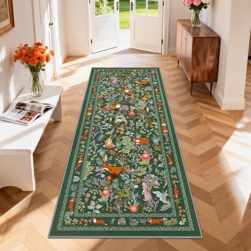 GEANUP Teppich Läufer Flur 80x200 cm, Grün Küchenläufer Waschbar rutschfest, Weicher Schlafzimmer Teppich Läufer, Märchenstil Fuchs Flurläufer für Korridor Waschküche Wohnzimmer Kinderzimmer