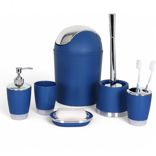 GMMH Juego de 6 accesorios para el cuarto de baño, dispensador de jabón, escobilla para el inodoro, azul oscuro