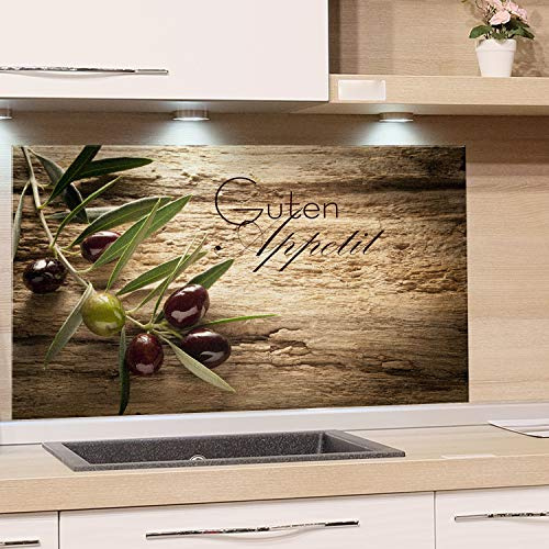 GRAZDesign Spritzschutz Glas für Küche, Herd Bild-Motiv Olivenzweig mit Schrift Küchenrückwand Küchenspiegel Glasrückwand Herdblende 4mm ESG Glas (100x50cm)