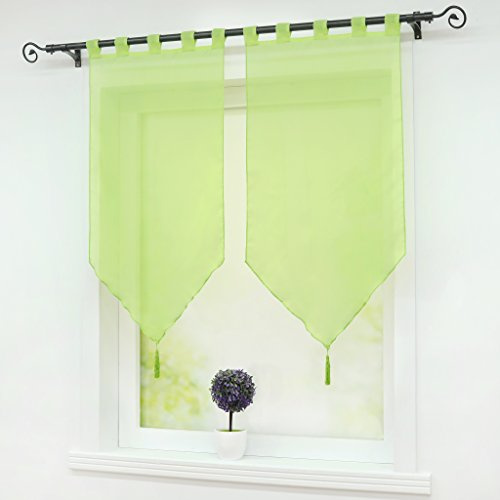 Joyswahl Scheibengardine Voile Bistrogardinen mit Quaste Grün Schlaufen | BxH 45x90cm, Panneaux 2 Stück, Fenstergardinen Einfarbig, Melina Kurzstore landhaus, Küchengardine Transparent, Kleinfenster