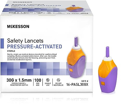 McKesson Safety Lancet, Retractable, Pressure-Activated Finger Device, Sterile - Ideal for Blood Testing - Single Use, 30 Gauge, 1.5mm Depth, 100 Count, 1 Pack