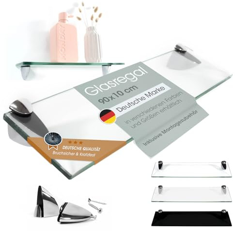 Rapid Teck Glas Wandregal Klarglas transparent 90cm x 10cm - Glasregal mit 8mm ESG Sicherheitsglas - Glasregal perfekt als Badablage Glasablage für Badezimmer - Verschiedene Größen wählbar
