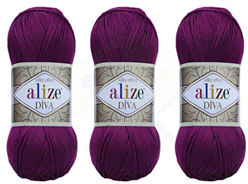 Alize Diva Yarn Hand Knitting Yarn 100% Microfiber Acrylic Yarn Alize Diva Silk Effect Thread Crochet Art Lace Craft Lot of 3 skeins 400gr 1314yds Color (297 - Plum)