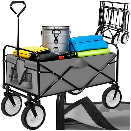 tectake® Carrello Pieghevole, Maniglione di Trazione, Ruote Portatutto, Carrellino da Giardino, 2 Pratiche Tasche a Rete, Portaoggetti, Antiribaltamento, Idrorepellente, fino a 80 Kg - Grigio