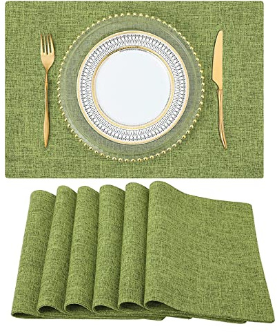 homing Cotton Linen Placemats Set of 6, Cloth Washable Farmhouse Dining Table Mats for Indoor, Outdoor, Easter, Easy to Clean, Grass Green, 13 x 19 Inch