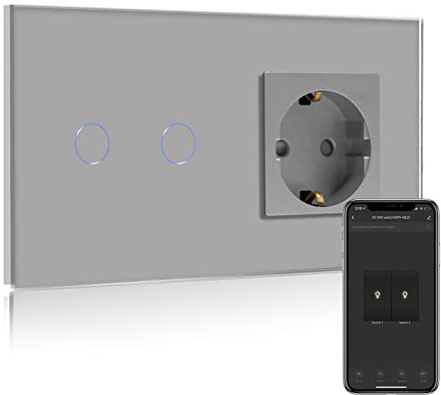 BSEED Normal Steckdose mit Smart Alexa Lichtschalter Kompatibel mit Alexa,Google Home, Glas Touchscreen-schalter,Smart Lichtschalter 2 Fach 1 Weg 16Amp Steckdose Grau (Neutrale Leitung benötigt)