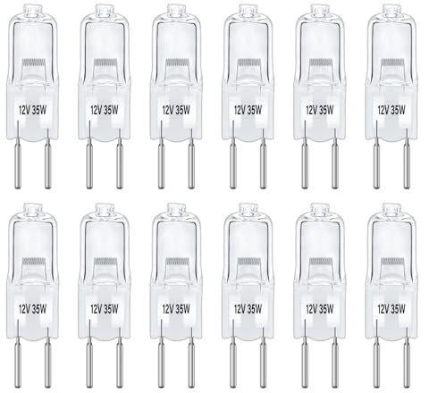 12 Stück G6.35 35W 12V Halogen Glühlampe Dimmbar, GY6.35 Bi-pin Leuchtmittel, 390lm, Warmweiß 2700K, AC/DC 12V, Klar Kapsel Lampe, Halogen Stiftsockellampe für Kronleuchter, Landschaftsbeleuchtung