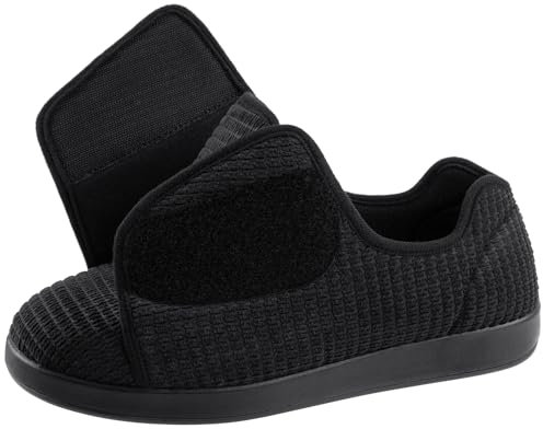 Ravelier Men's Adaptive Slip-Resistant Wide Width Diabetic Comfort Slipper Shoe with Adjustable Hook-and-Loop Closure, Size 11W UK Men, Black