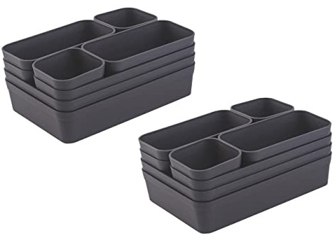 Engelland - Schubladen-Organizer Set, 16-teilig, Farbe: Anthrazit-Grau, universell verstellbar, Aufbewahrungs-Box, Einteiler, Trenn-System, Utensilien, Stauraum, Wohn-Badezimmer, Kunststoff, BPA-frei