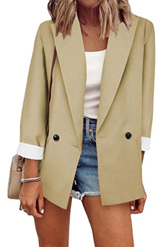 OMZIN Donne Colore Solido Doppio Petto Blazer Manica Lunga Aperto Anteriore Lavoro Ufficio Giacche Blazer Tuta Albicocca L