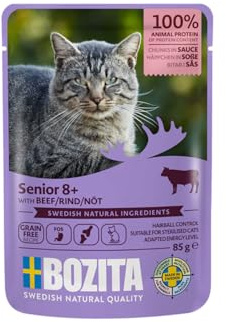 Bozita Mangime umido Senior 8 + tartine in salsa con manzo – 12 x 85 g sacchetti per porzioni senza cereali e senza frumento per gatti – cibo umido con 8,5% di proteine e 4,5% di grassi