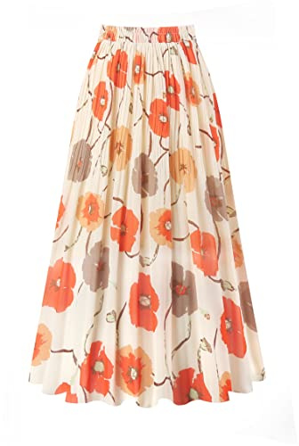 Kingfancy Women's Pleated Skirt Chiffon Elastic Waist A-Line Midi Length Skirt Ivory Flower M