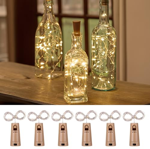 Marstey 6 Pack LED Wine Bottle Lights with Cork, 2m 20 LED Warm White String Lights, Battery Operated Bottle Top Fairy Lights for Glass Bottles, Decorative Lighting for Weddings, Parties, Home Bar