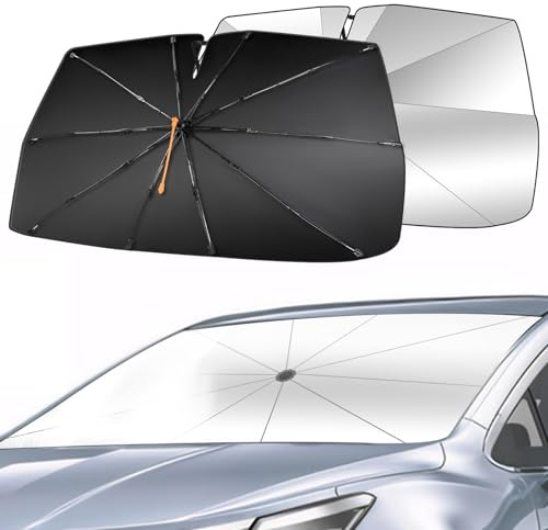 GOHHME Pare Soleil Voiture Pare-Soleil Parapluie Pivotant à 360° Pliable Design à Ressort 10 Côtes Protection Solaire Anti-UV Soleil Avant pour Voiture Facile à Installer 140 * 74cm