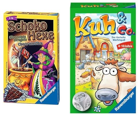 Ravensburger 23082 - Schoko Hexe & 23160 - Kuh und co, Mitbringspiel für 2-6 Spieler, Kinderspiel ab 4 Jahren, Reisespiel für unterwegs