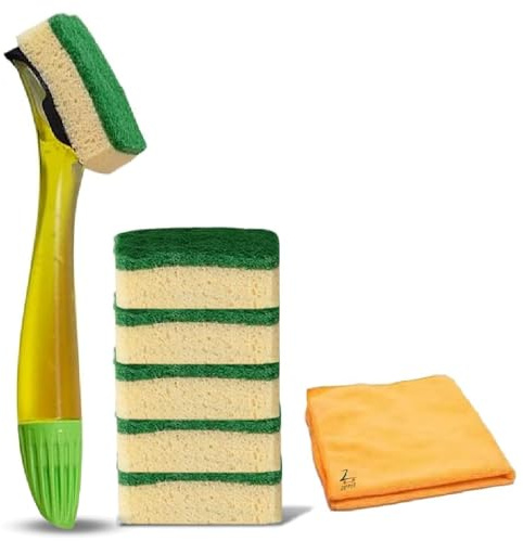 Bonus Pack - 1 Fillable Washing Up Brush With and 6 Replaceable Sponge Head Refills With Zopper Microfiber Cloth