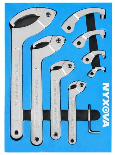 NYXOVA 9pcs Adjustable Pin Spanner Wrench Tool Set, C Pin Spanner Hook Wrench, Spanner Nut Wrench Tools with Changeable Heads for Pipes Heating Cars, Coilover Hook Wrenches, 3/4 to 6-1/10