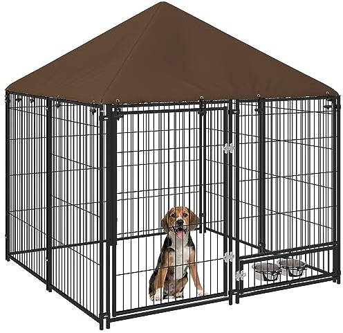 PawHut Perrera con Toldo Valla para Perros Metálica Exterior 2 Cuencos con Soporte Giratorio para Comida para Patio Jardín Terraza 141x141x151 cm Negro