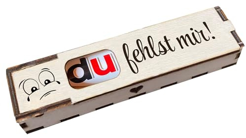 Du fehlst mir! - Holz Geschenkbox geschliffen mit Spruch Lasergravur inkl. Duplo Schokoriegel Schokolade Geschenkidee Handarbeit