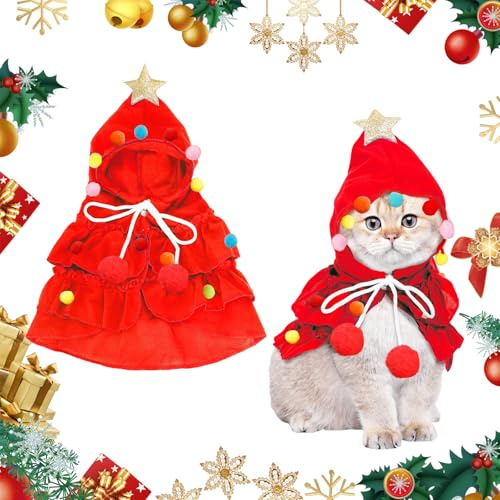 Katze Hund Umhang Weihnachtsbaumform, Hundekostüm Weihnachtsumhang, Haustier Weihnachtskostüm Weihnachten Cosplay Party (Rot)