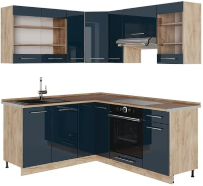 Vicco Küchenzeile Fame-Line, Dunkelblau Hochglanz/Eiche, 190 x 160 cm | 10 Module · Höhenverstellbare Füße · AP Eiche inkl. · MDF-Fronten · Softclose · Metallgriffe